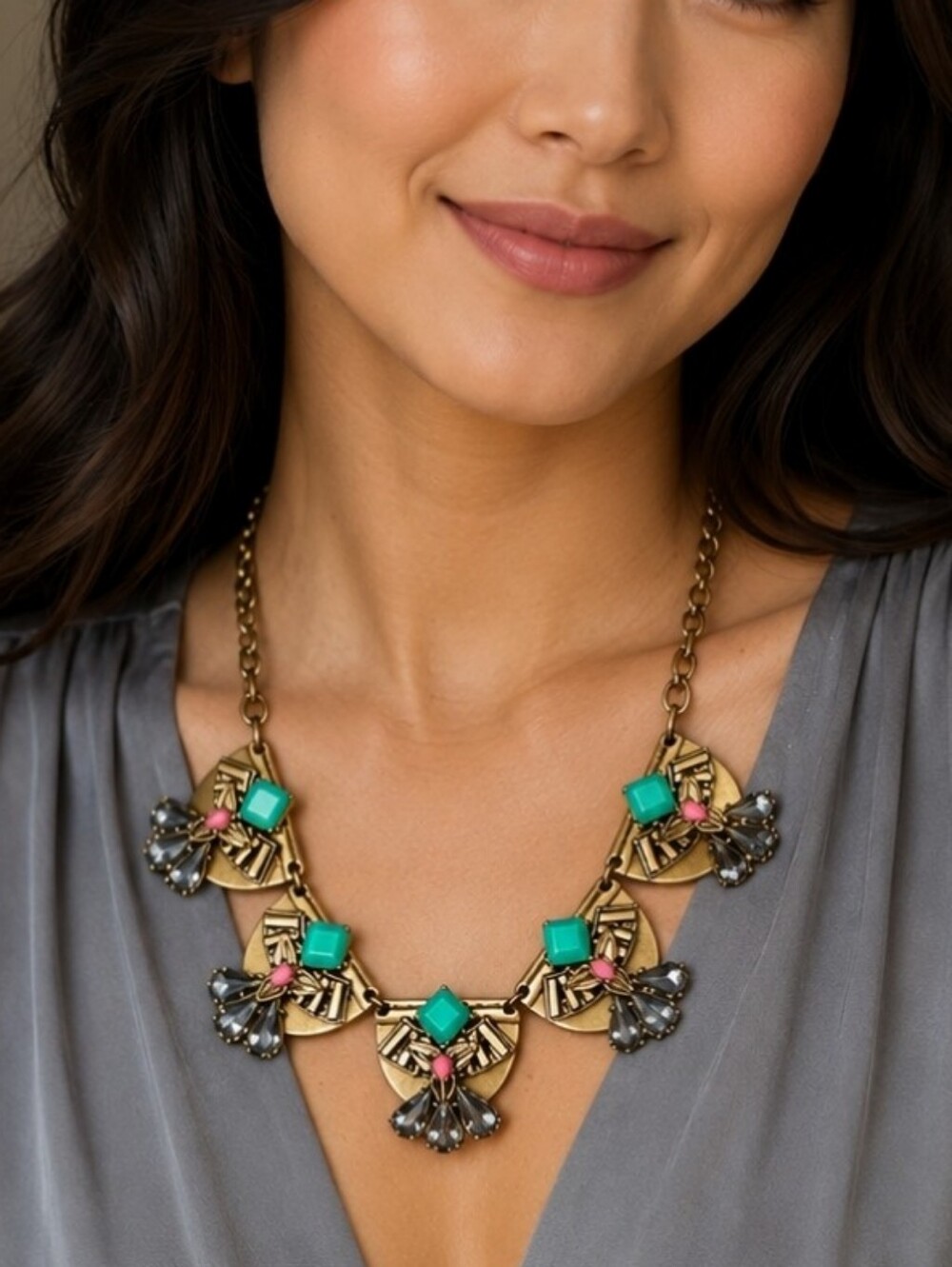 Stella and Dot Statement Heavy Brass Art Deco Style Statement Necklace Jade Pink
